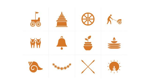 Orange vector icon collection showcasing traditional indian symbols and cultural elements.
