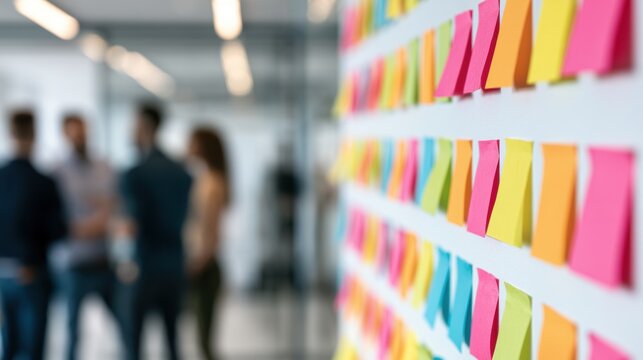Colorful sticky notes on office workshop wall with blurred business team discussing agile planning and strategy