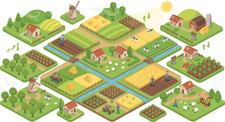 Agriculture farm isometric vector illustration featuring rural countryside fields crops livestock tractors barns and farming market activities © MstLaky