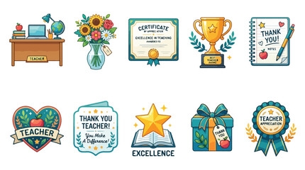 Fototapeta premium Set of cute teacher appreciation day stickers and school supplies illustrations.