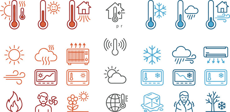 Weather temperature vector icon set featuring climate control hot thermometer cold snowflake air conditioning and heater symbols
