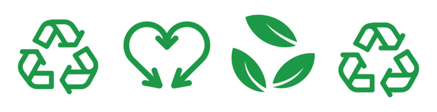 recycling icon collection, circular arrows leaf and heart symbols, eco friendly and sustainability concept, green energy and waste reduction sign set, simple flat vector design.