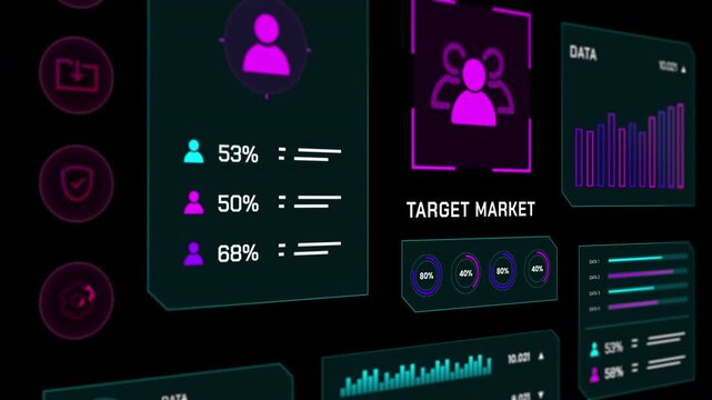 Professional digital interface tracking target market demographics, customer reach, and marketing analytics.