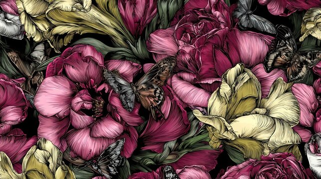 Dark dramatic floral arrangement featuring richly colored blossoms and detailed insects creates a repeating pattern