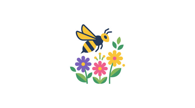 Colorful bee flying around flowers.
