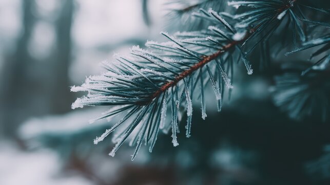 Frosty Pine Branch: A close-up shot showcases a pine branch adorned with sparkling frost, set against a blurred winter forest backdrop, evoking a sense of serene, cold beauty.