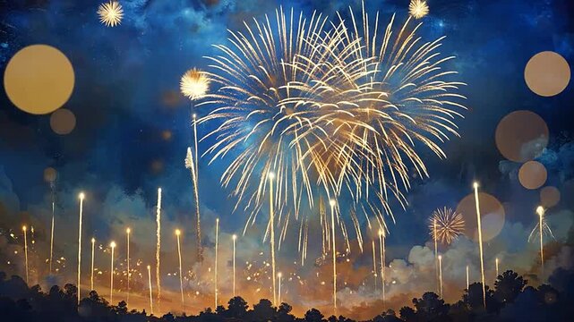 Bright golden fireworks explode in the dark blue night sky above a dark landscape