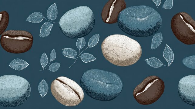 Seamless pattern featuring roasted and unroasted bean illustrations with botanical accents on a dark background