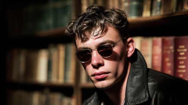 Cool Vision: A young man with a stylish hairstyle and sunglasses poses in front of a bookshelf filled with old books, exuding an aura of mystery and intelligence.