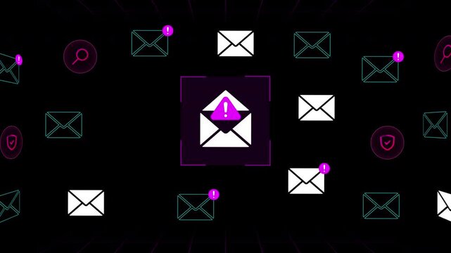 Corporate network warning display showing incoming data volumes, mailbox delivery states, and email communication parameters.