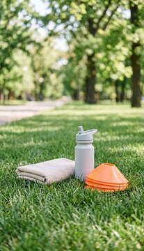 Outdoor training cones, water bottle, and towel on grass in park