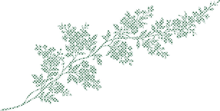 Vintage botanical fern branch vector, green cross stitch embroidery style foliage, rustic needlework leaf pattern for textile design isolated on White Background