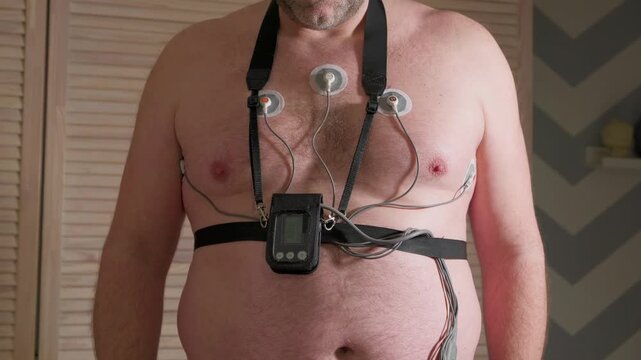 Shirtless adult male patient at home pressing a button on a portable holter monitor, a device for continuous electrocardiographic monitoring of the heart during a 24-hour cardiac exam