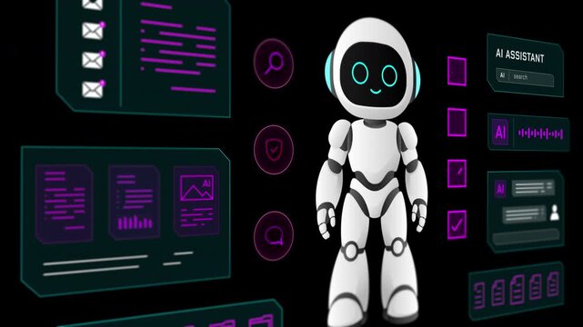 Animated 3D robot character presenting an active voice control panel and artificial intelligence processing dashboard.