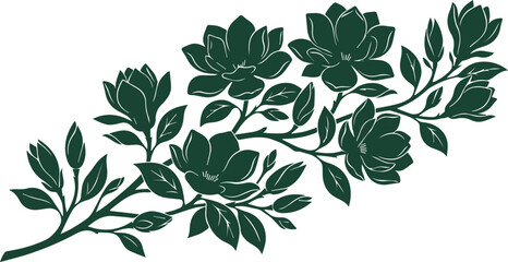 Vintage magnolia flower branch vector illustration, dark green floral silhouette with blooming buds, elegant botanical garden element for wedding invitations isolated on White Background © noor