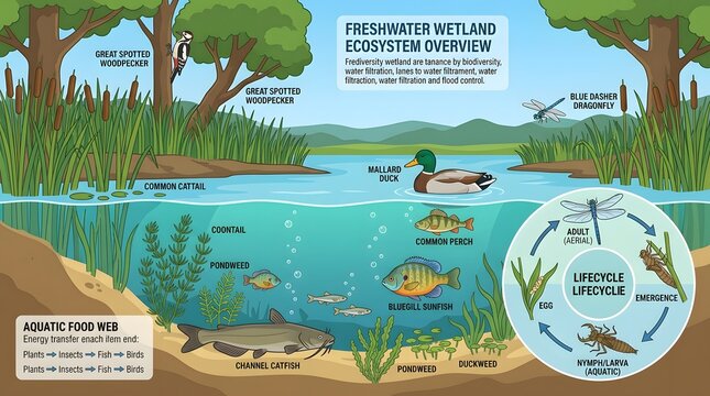 Freshwater wetland ecosystem illustration with flora and fauna