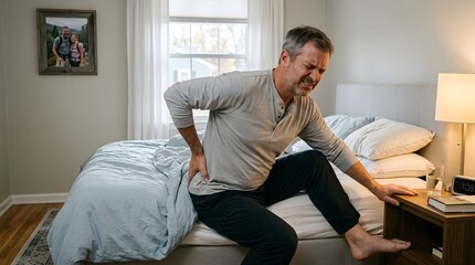 Fototapeta premium Middle aged man experiencing acute lower back pain while sitting on bed