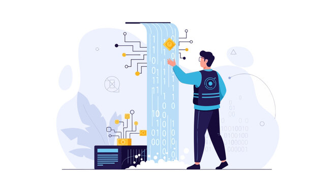 Data Scientist Interacting with Digital Stream of Binary Code, Big Data Analysis and Technology Concept