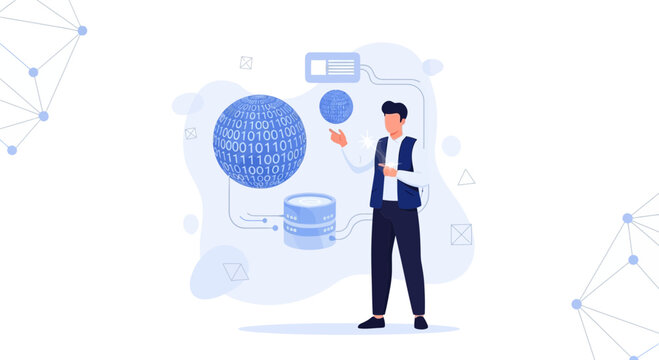Data Scientist Analyzing Global Network, Binary Code Sphere, and Database Storage - Modern Vector Illustration