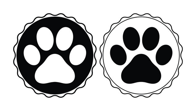 Two stylized paw prints, one black and one white, within decorative circular borders