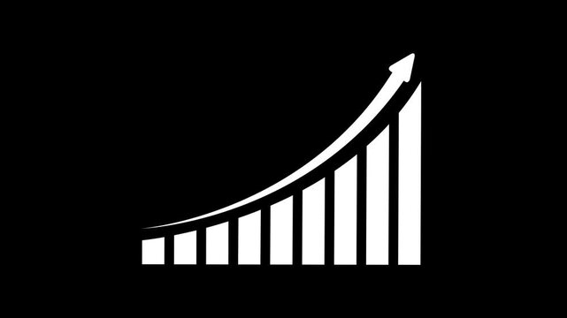 Business graph icon Black flat illustration . White Growth Chart Icon with Upward Arrow on Black Background, White bar chart animation with rising arrow, Business growth concept in graph chart.