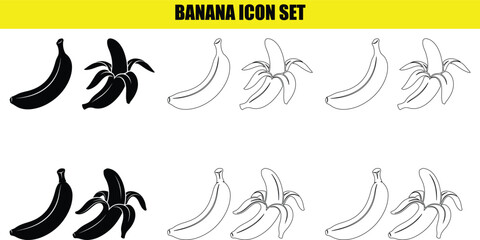 Fototapeta premium Banana icon set featuring solid black and outlined fruit illustrations.