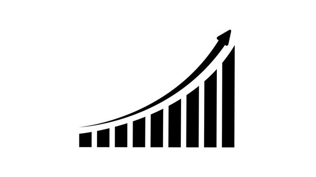 Business graph icon Black flat illustration, White Growth Chart Icon with Upward Arrow on White Background, Black bar chart animation with rising arrow, Business growth concept in graph chart.
