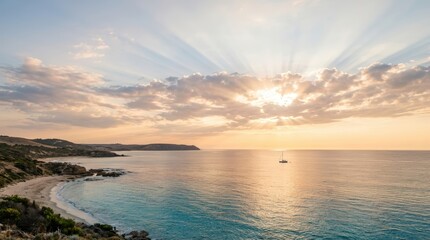 Fototapeta premium Sunbeams shining over tranquil coastline at sunrise with sailboat on calm sea