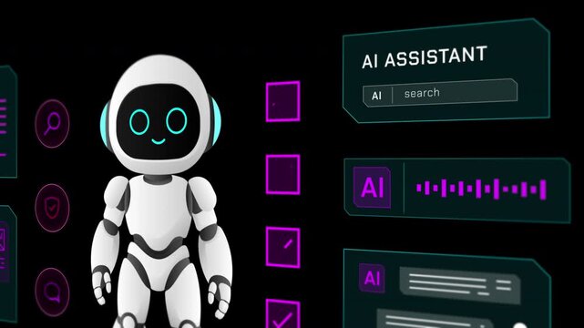 Abstract geometric tech interface showcasing live data parameter counts and a 3D robot loop animation.
