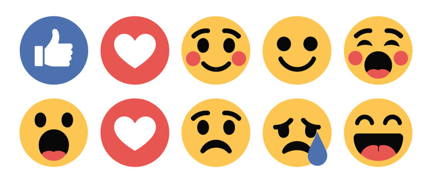 social media emoji reaction icon set, flat emoticon collection with varied expressions, user feedback and engagement concept, modern vector illustration pack, isolated on white background.