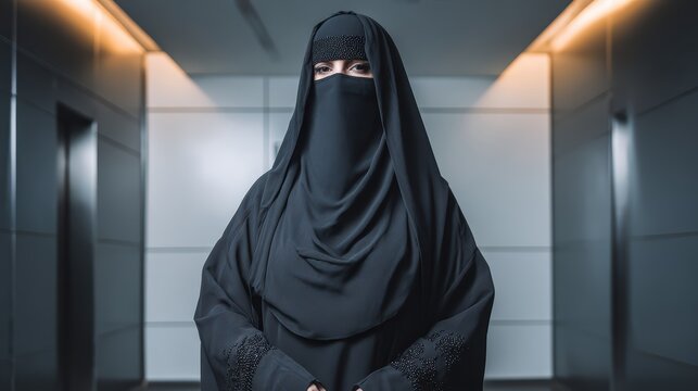 Woman in Niqab: A woman wearing a black niqab stands in a modern hallway, her eyes visible behind the veil, creating an aura of mystery and cultural identity.