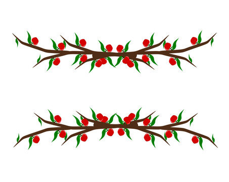 Red apple fruit branches horizontal frame border isolated on transparent background with copy space