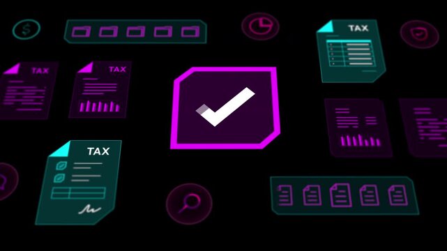 Technical digital interface showing financial corporate tax data sheets, verification checkmarks, and secure locks.