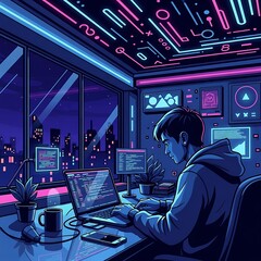 Obraz premium Cybersecurity expert monitoring digital threats at night.