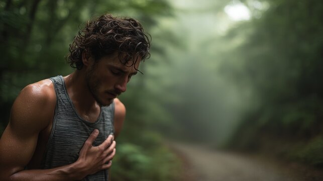 Man in forest holding chest, sweaty and contemplative, surrounded by misty green woodland suggesting struggle, reflection, and endurance.