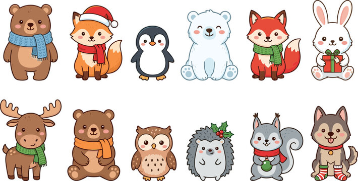 Cute Winter Animal Character Collection Set with Cartoon Forest Creatures Wearing Scarves Hats and Seasonal Holiday Accessories
