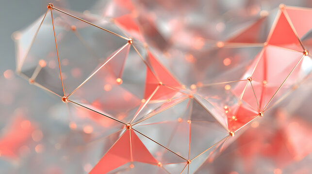 Abstract geometric structure featuring glowing rose gold lines and translucent triangular facets in a soft focus artistic light setting today