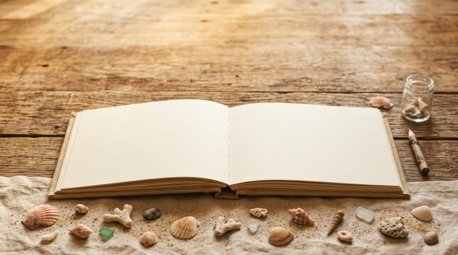 Open travel album with seashells and sand on rustic wooden table