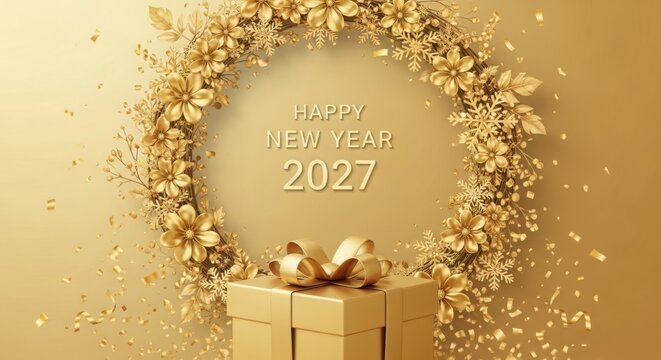 A gold gift box with a wreath and confetti for new year's 2027 illustration