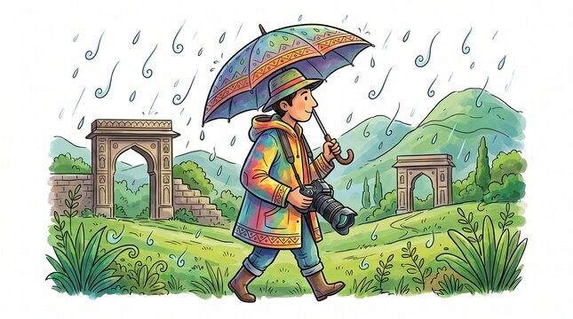 Photographer In The Rain Exploring With Camera Under Umbrella Concept
By ADE