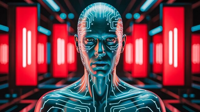 Futuristic humanoid robot face with glowing digital interface representing artificial intelligence technology