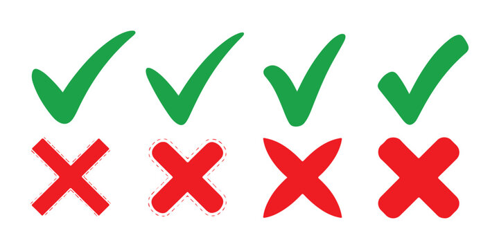 Set of green check marks and red cross symbols isolated on a transparent background for web design.
