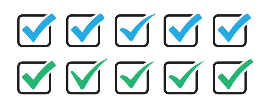 Blue and green check marks in square boxes for software and user interface design system elements.