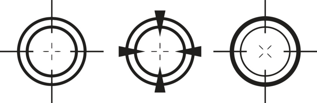 Three black and white sniper crosshair icons set precision targeting symbols for security applications