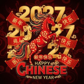 Happy chinese new year 2027 celebration with horse illustration