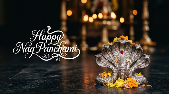 Metallic five-headed snake idol with marigold flowers for Nag Panchami festival, Hindu religious celebration, traditional spiritual worship and prayer ritual
