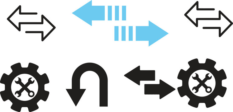 Process flow icons set arrows gears and return symbols for business and technology
