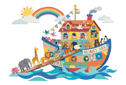 Noah's Ark with colorful animals walking on ramp
