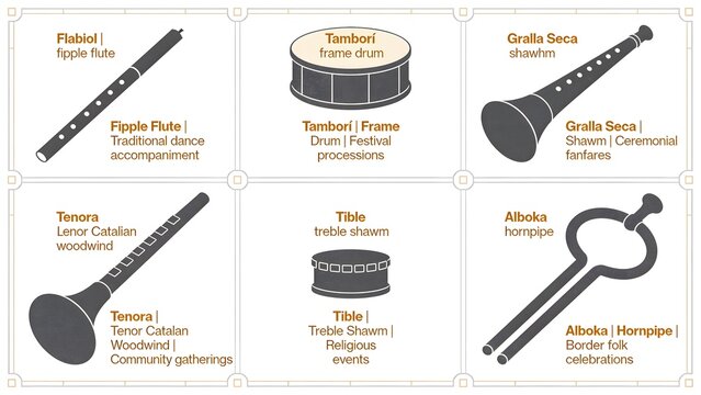 Six Andorran Folk Instruments Educational Chart &mdash; Flabiol Tambor&iacute; Gralla Tenora Tible Alboka, Flat Vector Infographic