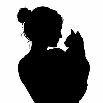 Woman holds a cat in her arms in a graceful silhouette design set against a plain white field.
